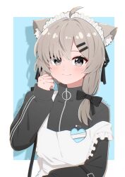 1girl ahoge animal_ear_fluff animal_ears apron black_jacket blue_background blush border bow brown_hair cat_ears cat_girl closed_mouth grey_eyes grey_hair hair_bow hair_ornament hair_over_shoulder hair_ribbon hairclip hand_up highres jacket long_hair long_sleeves looking_at_viewer mafuyu_(vrchat) maid maid_apron maid_headdress name_tag ni9_gen ribbon sleeves_past_wrists smile solo strap_slip track_jacket turtleneck turtleneck_jacket unconventional_maid upper_body vrchat white_apron white_border zipper zipper_pull_tab