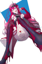 1girl ag_sword ass baobhan_sith_(fate) baobhan_sith_(first_ascension)_(fate) boots breasts detached_sleeves dress fangs fate/grand_order fate_(series) frilled_dress frills grey_eyes hair_ornament hand_up highres long_hair looking_at_viewer open_mouth pink_hair pointy_ears sidelocks sitting smile solo thigh_boots tongue tongue_out