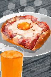 bacon bread bread_slice breakfast cup drinking_glass egg_yolk food food_focus fried_egg fried_egg_on_toast highres hisachan55cute juice no_humans on_table orange_juice original pixel_art plate simple_background steaming_food still_life table toast wooden_table