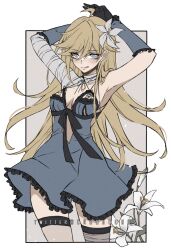 1girl :q ahoge armpits arms_behind_head arms_up bandaged_arm bandages blonde_hair blue_eyes blue_negligee breasts commentary cosplay cowboy_shot criis-chan flower frills gloves hair_between_eyes hair_flower hair_ornament kaine_(nier) kaine_(nier)_(cosplay) lily_(flower) long_hair looking_at_viewer medium_breasts nier nier_(series) panty_&amp;_stocking_with_garterbelt panty_(psg) simple_background smile solo thigh_strap tongue tongue_out twitter_username very_long_hair