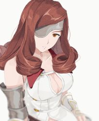 1girl armor beatrix_(ff9) breasts brown_eyes brown_hair cleavage cleavage_cutout clothing_cutout curly_hair dress eyepatch female_focus final_fantasy final_fantasy_ix gloves head_tilt highres large_breasts long_hair looking_at_viewer solo white_background white_dress white_gloves yawai_tofu