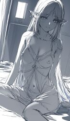 1girl alternate_costume babydoll backlighting bed blush breasts cartethyia_(wuthering_waves) cleavage closed_mouth collarbone commentary earrings english_commentary hews highres indoors jewelry long_hair long_pointy_ears looking_at_viewer navel nipples on_bed parted_bangs pointy_ears see-through_clothes sidelocks sitting sketch small_breasts smile solo tacet_mark_(wuthering_waves) thighs very_long_hair window wuthering_waves