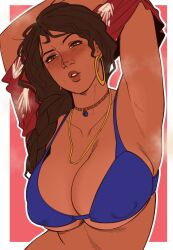 1girl armpit_stubble armpits arms_up bare_shoulders breasts brown_hair cleavage closed_eyes clothes_lift dark-skinned_female dark_skin earrings freckles hoop_earrings jewelry large_areolae large_breasts lips long_hair marvel mature_female nastacic necklace parted_lips rio_morales shiny_skin shirt_lift solo spider-man:_into_the_spider-verse spider-man_(series) spider-verse thighs thong underwear undressing wide_hips
