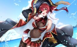 1girl arm_behind_head arm_up arrow_through_heart ascot bare_shoulders bicorne bird black_jacket black_leotard black_thighhighs blue_gemstone blue_sky breasts cleavage cloud cloudy_sky commentary covered_navel day eyepatch gem hat highres hololive horizon houshou_marine houshou_marine_(1st_costume) jacket large_breasts leotard leotard_under_clothes long_hair looking_at_viewer ocean off_shoulder open_clothes open_jacket outdoors pirate_hat raora_panthera_(artist) red_ascot red_eyes red_hair red_skirt red_vest seagull see-through_cleavage see-through_clothes signature skirt sky solo symbol-only_commentary teeth thighhighs twintails two-tone_skirt upper_teeth_only vest virtual_youtuber water water_drop white_skirt