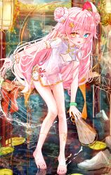 Rule 34 | 1girl, absurdres, ahoge, aiu ., blue eyes, china dress, chinese clothes, double bun, dress, hair bun, hair ornament, hand fan, heterochromia, highres, hoshino (blue archive), long hair, pink hair, solo