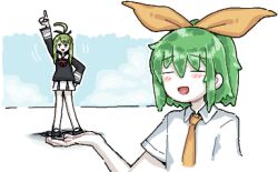 2girls :d ascot black_shirt blurry blush bow collared_shirt colored_skin cookie_(touhou) daiyousei depth_of_field diyusi_(cookie) green_hair hair_bow high_ponytail long_hair lowres man_(man-room) multiple_girls open_mouth orange_ascot ponytail shirt short_hair smile tone_sphere touhou trin_(tone_sphere) upper_body white_shirt white_skin