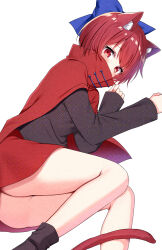 1girl animal_ear_fluff animal_ears black_boots black_shirt blue_bow blush boots bow cape cat_ears cat_tail commentary_request covered_mouth feet_out_of_frame hair_between_eyes hair_bow highres kemonomimi_mode long_sleeves looking_at_viewer lying on_side red_cape red_eyes red_hair red_skirt sekibanki sekibanki_day shinonome_asu shirt short_hair simple_background skirt solo tail touhou white_background