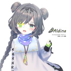 1girl :d aldina_(vrchat) artist_name bandage_over_one_eye bandana black_bow black_gloves black_ribbon blush bow bow_hairband braid character_name clenched_hand copyright_name double_bun dress english_text eyepatch fingerless_gloves flat_chest gloves green_eyes green_gloves grey_hair hair_between_eyes hair_bow hair_bun hair_intakes hair_ornament hair_over_one_eye hair_ribbon hairband hand_up head_tilt jewelry long_hair long_sleeves looking_at_viewer medical_eyepatch necklace one_eye_covered open_mouth original partially_fingerless_gloves pendant puffy_long_sleeves puffy_sleeves ribbon scarf sidelocks simple_background sleeves_past_wrists smile solo twin_braids twintails two_side_up upper_body very_long_hair vrchat vrchat_(medium) white_background white_dress yorshkasencho