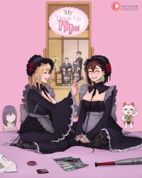 Rule 34 | 2boys, 2girls, absurdres, applying another&#039;s makeup, applying makeup, ayase momo, black bonnet, black dress, black hair, black jacket, blonde hair, bonnet, breasts, brown hair, closed eyes, commentary, cosplay, crossed legs, dandadan, dismaiden, dress, earrings, english commentary, floral print thighhighs, flower, gakuran, gothic lolita, highres, jacket, jewelry, kitagawa marin, kuroe shizuku, kuroe shizuku (cosplay), large breasts, lolita fashion, multiple boys, multiple girls, patreon logo, patreon username, purple nails, red flower, red rose, rose, school uniform, seiza, sitting, sono bisque doll wa koi wo suru, takakura ken (dandadan), turbo granny (dandadan), wig