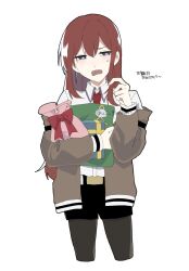 1girl black_pantyhose black_shorts box brown_hair embarrassed gift gift_box highres holding holding_box jacket long_hair looking_at_viewer makise_kurisu necktie off_shoulder open_clothes open_jacket pantyhose red_necktie science_adventure shirt short_shorts shorts simple_background solo steins;gate u2_gunkan white_background white_shirt