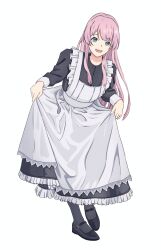 1girl a_whydc apron bang_dream! bang_dream!_it&#039;s_mygo!!!!! black_dress black_pantyhose black_shoes chihaya_anon commentary_request dress full_body grey_eyes highres long_hair long_sleeves maid maid_apron open_mouth pantyhose pink_hair shoes simple_background skirt_hold solo teeth upper_teeth_only white_apron white_background