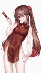 1girl alternate_costume black_nails china_dress chinese_clothes dress flower-shaped_pupils genshin_impact highres hu_tao_(genshin_impact) pelvic_curtain print_dress pudding_cream red_dress simple_background solo symbol-shaped_pupils tongue tongue_out white_background