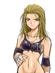 1girl bandages bikini black_bikini blonde_hair blush bottomless brown_eyes cross elbow_pads female_focus gender_request genderswap kaiga print_bikini simple_background sketch solo swimsuit triple_h united_states white_background wwe