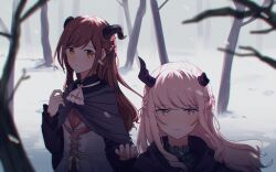 1girl 1other akiyama_mizuki ascot asymmetrical_horns bare_tree black_horns black_sleeves blurry boku_no_ashiato_kimi_no_yukusaki_(project_sekai) broken_horn brown_eyes brown_hair capelet closed_mouth collar collared_capelet commentary corset cross-laced_clothes cross-laced_corset curled_horns depth_of_field fingernails frilled_collar frilled_sleeves frills grey_capelet hand_up highres horns kyline light_blush light_smile long_hair long_sleeves looking_at_another looking_at_viewer official_alternate_costume official_alternate_hair_length official_alternate_hairstyle outdoors pink_eyes pink_hair project_sekai reaching reaching_towards_another ribbon shinonome_ena snow swept_bangs tree waist_ribbon white_ascot white_corset yellow_ribbon