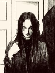 1girl black_hair cropped_torso greyscale highres jewelry long_hair long_sleeves looking_at_viewer monochrome necklace original sliding_doors solo straight-on tp_p_pt upper_body