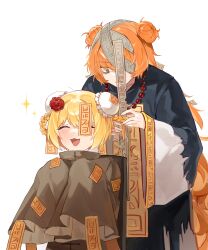 2girls :3 ^_^ absurdres bead_necklace beads blonde_hair blue_coat blush braid braided_hair_rings braiding_hair brown_dress closed_eyes coat commentary don_quixote_(project_moon) double_bun dress e.g.o_(project_moon) flower hair_bun hair_flower hair_ornament hair_rings hairdressing hands_up highres hundred-footed_death_maggot_(e.g.o) ishmael_(project_moon) jewelry limbus_company long_hair long_sleeves multiple_girls necklace open_mouth orange_hair project_moon ranya_(artiraia) red_flower red_rose red_sheet_(e.g.o) rose simple_background smile very_long_hair white_background wide_sleeves