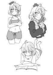 ahoge alternate_costume animal animal_on_head bikini bikini_shorts breasts casual commentary_request cowboy_shot crab crab_on_head crossed_arms dolphin_shorts full_body gift highres medium_breasts navel oboro_(kancolle) oboro_(pm_swimsuit)_(kancolle) oboro_(valentine)_(kancolle) official_alternate_costume on_head reading scarf short_hair shorts smile sweater swimsuit tatahai upper_body