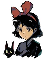 Rule 34 | 1girl, animal, black hair, brown eyes, cat, cropped torso, hairband, highres, jiji (majo no takkyuubin), kiki (majo no takkyuubin), kornod, looking at viewer, majo no takkyuubin, medium hair, portrait, red hairband, solo
