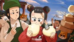 3girls :o absurdres bandaid bandaid_on_face steamed_bun bare_tree bird black_eyes black_hair blush_stickers cloud cloudy_sky commentary diva_(hyxpk) donut_stamp double_bun duck eating english_commentary food green_hat green_overalls hair_bun hat highres multiple_girls older_panda_keeper_(diva) outdoors overalls pocket red_overalls red_panda red_shirt shirt siblings sisters sky slice_of_life steam stuffed_animal stuffed_penguin stuffed_seal stuffed_toy survey_girl_(diva) tree v-shaped_eyebrows white_shirt younger_panda_keeper_(diva) zoo zookeeper zookeepers_(diva)