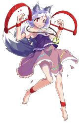 1girl animal_ears anklet barefoot bear_trap blush dairi dog_ears dog_tail frilled_skirt frills full_body grey_hair hands_up jewelry large_variant_set mitsugashira_enoko multicolored_hair multiple_tails pink_skirt purple_hair purple_shirt red_eyes shirt short_hair skirt solo streaked_hair sweatdrop tachi-e tail touhou transparent_background variant_set white_hair