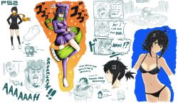 1girl artist_request bikini black_hair black_legwear console-tan english_text game_console heart highres jojo_no_kimyou_na_bouken parody personification playstation_2 ponytail scarf short_hair skirt swimsuit