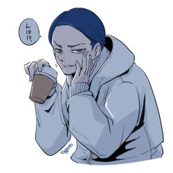 1boy blue_eyes blue_hair commentary_request cup disposable_cup furrowed_brow hand_on_own_cheek hand_on_own_face hands_up holding holding_cup hood hood_down hooded_jacket jacket long_sleeves looking_at_viewer male_focus short_hair simple_background sleeves_past_wrists smile solo speech_bubble toshi_densetsu_kaitai_center translation_request upper_body white_background yagamikan yamada_gasmask
