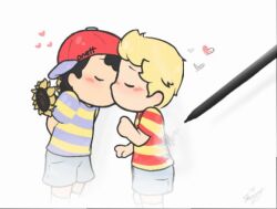 artist_request bad_tag black_hair blonde_hair child hat kiss lucas_(mother_3) mother_(series) mother_2 mother_3 ness_(mother_2) nintendo red_hat shirt shota striped_clothes striped_shirt super_smash_bros. yaoi