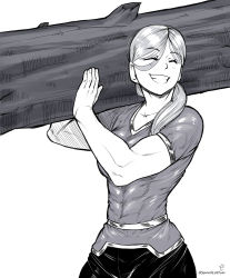 1girl abs absurdres alex_(minecraft) artist_name breasts closed_eyes commentary english_commentary greyscale highres holding log medium_breasts minecraft monochrome muscular muscular_female parted_lips ponytail short_sleeves simple_background smile solo speedl00ver teeth twitter_username watermark white_background