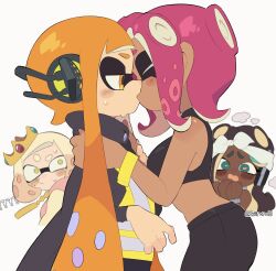 4girls :/ ? ?? agent_3_(splatoon) agent_8_(splatoon) bandana bare_shoulders behind-the-head_headphones black_cape black_headphones black_pants black_shirt blonde_hair blue_eyes blue_gemstone blue_hair blunt_bangs blush_stickers breasts brown_hair cape cephalopod_eyes chain chain_necklace closed_eyes commentary crop_top crown dark-skinned_female dark_skin gem half-closed_eyes hand_on_another&#039;s_wrist hands_on_another&#039;s_shoulders hands_up headphones high-visibility_clothing high-visibility_vest highres hood hoodie horizontal_pupils inkling inkling_girl inkling_player_character jewelry kiirono kiss long_hair long_sleeves looking_at_another marina_(dj_hyperfresh)_(splatoon) marina_(splatoon) medium_breasts medium_hair midriff mole mole_under_eye multicolored_hair multiple_girls necklace nintendo octoling octoling_girl octoling_player_character open_mouth orange_eyes orange_hair pants parted_bangs pearl_(mc.princess)_(splatoon) pearl_(splatoon) pink_hair pink_hoodie pink_pupils profile red_gemstone shirt simple_background splatoon_(series) splatoon_2 splatoon_2:_octo_expansion squidbeak_splatoon suction_cups sweat tentacle_hair thick_eyebrows tilted_headwear twintails twitter_username two-tone_hair very_long_hair white_background white_bandana wristband yellow_eyes yuri