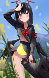 Rule 34 | 1girl, absurdres, armband, black hair, black serafuku, black wings, blue archive, cat, choker, convenient censoring, falling petals, feathered wings, field, flower, flower field, halo, highres, long sleeves, looking at viewer, low wings, mashiro (blue archive), outdoors, petals, purple eyes, red armband, red halo, school uniform, serafuku, short hair, skirt, ubeuna, winged halo, wings