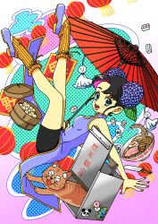 Rule 34 | 1girl, bamboo steamer, black hair, black shorts, blue dress, blue eyes, blue footwear, cat, china dress, chinese clothes, chopsticks, dress, egg, floating, flower, food, fujishima moyu, full body, gradient background, hair flower, hair ornament, highres, hydrangea, mahjong, mahjong tile, noodles, oil-paper umbrella, open mouth, orange socks, original, red umbrella, short hair, shorts, socks, solo, teruterubouzu, udon, umbrella