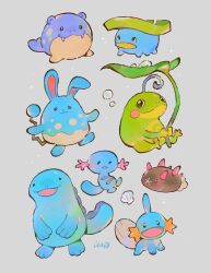 azumarill closed_mouth commentary english_commentary fangs gen_2_pokemon gen_3_pokemon gen_7_pokemon grey_background highres holding ieafy leaf_umbrella lotad mudkip nintendo no_humans open_mouth pokemon pokemon_(creature) politoed pyukumuku quagsire simple_background solid_oval_eyes spheal water_drop wooper
