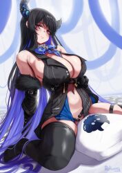1girl asymmetrical_horns bare_shoulders black_hair black_thighhighs black_vest blue_hair breasts character_print cleavage demon_horns foot_out_of_frame highres hololive hololive_english horns jailbird_(nerissa_ravencroft) kneeling large_breasts navel nerissa_ravencroft nerissa_ravencroft_(1st_costume) pillow print_pillow purple_eyes reilong solo thighhighs uneven_horns vest virtual_youtuber