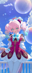 1girl aqua_bow aqua_bowtie aqua_eyes aqua_hair blue_sky blush bow bowtie chyanu cloud cloudy_sky commentary curly_hair day dress hat highres honkai:_star_rail honkai_(series) hyacine_(honkai:_star_rail) little_ica_(honkai:_star_rail) long_hair long_sleeves looking_at_viewer open_mouth outdoors pantyhose pink_dress pink_hair pink_hat shirt sky smile solo star_(symbol) star_in_eye symbol_in_eye teeth thighs twintails upper_teeth_only white_pantyhose white_shirt