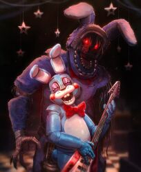 2boys :d animal_ears animatronic artist_name blurry blurry_background bonnie_(fnaf) bonnie_(withered)_(fnaf) bow bowtie cable checkered_floor claws closed_eyes commentary electric_guitar english_commentary eyelashes five_nights_at_freddy&#039;s five_nights_at_freddy&#039;s_2 glowing glowing_eyes guitar highres holding holding_guitar holding_instrument indoors instrument male_focus multiple_boys open_mouth rabbit_ears red_bow red_bowtie red_eyes rorokonaa smile standing star_(symbol) teeth toy_bonnie