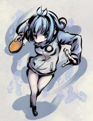Rule 34 | 1girl, aqua hair, ball, blue eyes, carrot hair ornament, covered mouth, female focus, food-themed hair ornament, hair ornament, hairclip, hands up, itsumo hokuto, jacket, paddle, painting (medium), shakunetsu no takkyuu musume, solo, table tennis ball, table tennis paddle, tomoe takenari, topknot, track jacket, traditional media, watercolor (medium)
