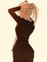 Rule 34 | 1girl, absurdres, adjusting hair, alternate costume, ass, black jacket, black pants, cecilia immergreen, commentary, cowboy shot, doll joints, dress pants, english commentary, from side, green eyes, green hair, grey background, grey hair, hair tie, highres, holding, holding own hair, hololive, hololive english, jacket, joints, long sleeves, looking at another, looking at viewer, multicolored hair, pants, ponytail, profile, sideways glance, simple background, solo, srewe5, standing, streaked hair, suit jacket, tight clothes, tight pants, two-tone hair, tying hair, virtual youtuber, winding key