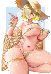 1girl :d alternate_costume bikini blonde_hair breasts elegg_(nikke) goddess_of_victory:_nikke gold_nails hair_intakes hair_over_eyes hameji_yume highres huge_breasts long_bangs looking_at_viewer multicolored_hair nail_polish navel open_mouth short_hair skindentation smile solo swimsuit thigh_strap thighs two-tone_hair w wet yellow_bikini