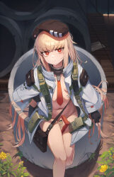 1girl absurdres ammunition_pouch beret black_gloves blonde_hair bottomless breasts bright_pupils coat collar convenient_censoring di_le_to fingerless_gloves girls&#039;_frontline gloves hat highres jacket long_hair looking_at_viewer navel necktie no_bra no_panties open_clothes open_coat pouch red_eyes red_necktie revision sitting small_breasts tam_o&#039;_shanter type_80_(girls&#039;_frontline) v very_long_hair white_coat