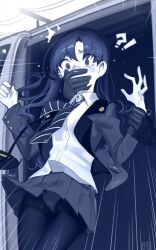 !? 1girl 1other black_gloves blue_theme cad_(caddo) clothes_lift collared_shirt commentary commission constricted_pupils covering_another&#039;s_mouth cowboy_shot diagonal-striped_clothes diagonal-striped_necktie emphasis_lines english_commentary floating_hair gloves hand_on_another&#039;s_face hand_on_another&#039;s_wrist hand_over_another&#039;s_mouth hands_up highres idolmaster idolmaster_(classic) jacket kidnapping kisaragi_chihaya long_hair long_sleeves monochrome necktie open_clothes open_jacket outdoors panties pantyhose pleated_skirt second-party_source shirt skirt skirt_lift solo_focus standing striped_clothes sweatdrop underwear