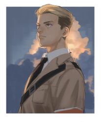1boy absurdres black_necktie blonde_hair border brown_eyes brown_jacket closed_mouth cloud collared_shirt highres jacket kogu_(nue_insideout) looking_ahead male_focus necktie outdoors outside_border porco_galliard shingeki_no_kyojin shirt short_hair sideburns solo upper_body white_border white_shirt