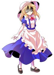 Rule 34 | 1girl, alphes (style), apron, arm at side, black shoes, blonde hair, blue dress, collared dress, commentary request, dairi, dress, elbow gloves, frilled apron, frilled gloves, frills, full body, gloves, hair between eyes, hat, hat ribbon, kana anaberal, large variant set, legs apart, maid apron, mary janes, medium hair, parody, puffy short sleeves, puffy sleeves, red ribbon, ribbon, shaded face, shoes, short sleeves, sidelocks, socks, solo, standing, style parody, tachi-e, touhou, touhou (pc-98), transparent background, variant set, white apron, white gloves, white hat, white socks