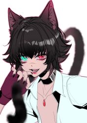 1girl absurdres animal_ears black_choker black_nails cat_ears cat_tail choker devil_may_cry_(series) fingerless_gloves gloves green_eyes heterochromia highres lady_(devil_may_cry) looking_at_viewer nail_polish open_mouth red_eyes shirt simple_background smile tail warsong_zhange white_background white_shirt