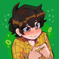 Rule 34 | 1girl, absurdres, blush, brown eyes, brown hair, collared shirt, diforland, green background, highres, index fingers together, looking to the side, original, riko ahry, shirt, short hair, solo, upper body, yellow shirt