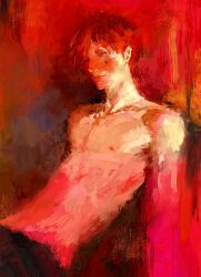 1boy character_request copyright_request fuyumurasaki highres hisoka_morow light_smile lips male_focus nipples red_hair red_theme short_hair sitting solo topless_male very_short_hair