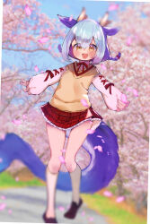 1girl alternate_costume alternate_hairstyle black_boots blue_hair blurry blush boots braid cherry_blossoms dragon_girl dragon_horns dragon_wings duel_monster eastern_dragon_horns falling_petals flat_chest highres horns laundry_dragonmaid long_sleeves looking_at_viewer miniskirt open_mouth petals red_skirt skirt smile socks solo twin_braids twintails wings yaibaken yellow_eyes yu-gi-oh!