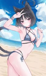 Rule 34 | 1girl, absurdres, animal ear fluff, animal ears, armpits, ass, beach, bikini, black bikini, black choker, black eyes, black hair, blue archive, blue bikini, blue nails, blush, breasts, bright pupils, cat ears, cat girl, cat tail, choker, closed mouth, cloud, commentary request, cowboy shot, criss-cross halter, day, from side, halo, halterneck, highleg, highleg bikini, highres, kikyou (blue archive), kikyou (swimsuit) (blue archive), korean commentary, layered bikini, looking at viewer, medium breasts, multiple tails, nail polish, navel, ocean, official alternate costume, outdoors, shore, short hair, side-tie bikini bottom, solo, standing, stomach, string bikini, swimsuit, tail, two tails, underboob, v, very long fingernails, white pupils, zxcsque
