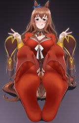 1girl absurdres animal_ears aqua_eyes blush boots bow breasts brown_hair brown_skirt cleavage commission ear_bow feet foot_focus foreshortening full_body gradient_background grey_background highres holding holding_boots holding_footwear holding_unworn_clothes horse_ears horse_girl large_breasts leaning_back licking_lips long_hair looking_at_viewer maruzensky_(umamusume) no_shoes pixiv_commission pleated_skirt red_shirt red_thighhighs shirt sidelocks sitting skirt smile soles solo thighhighs toes tongue tongue_out tsa umamusume unworn_boots very_long_hair