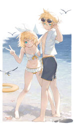 1boy 1girl 503404330 absurdres bare_arms bare_legs barefoot bikini bird black_male_swimwear blonde_hair blue_eyes blush bow breasts brother_and_sister cleavage day dress_shirt eyewear_lift full_body grin hair_bow highres innertube kagamine_len kagamine_rin male_swimwear multicolored_bikini navel ocean one_eye_closed open_clothes open_shirt outdoors ponytail shirt short_hair short_ponytail siblings small_breasts smile standing starfish summer sunglasses swim_ring swimsuit two-tone_bikini vocaloid white_bikini white_bow white_shirt yellow_bikini