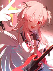 Rule 34 | 1girl, ;d, angel beats!, arm up, artist name, black choker, black ribbon, blue sailor collar, blush, choker, commentary request, cowboy shot, fang, guitar, hair between eyes, hair ribbon, happy, highres, instrument, kuritiizu, long hair, long sleeves, looking at viewer, one eye closed, open mouth, pink hair, red eyes, ribbon, sailor collar, shinda sekai sensen uniform, shirt, sidelocks, smile, solo, sparkle, two side up, v, v-shaped eyebrows, very long hair, watermark, white shirt, yui (angel beats!)